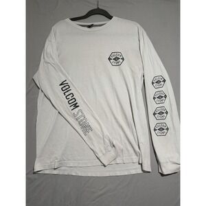volcom stone,‎ small logo, sleeve design, ls white tee, men's large t-shirt